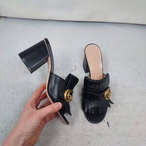 Gucci Marmont GG Black Leather Fringe Heel Sandals